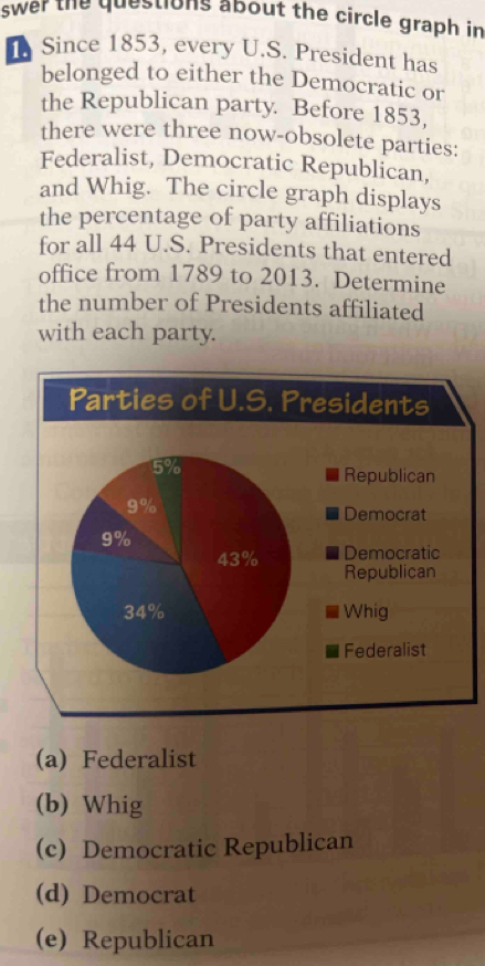 swer the questions about the circle graph in 
. Since 1853, every U.S. President has
belonged to either the Democratic or
the Republican party. Before 1853,
there were three now-obsolete parties:
Federalist, Democratic Republican,
and Whig. The circle graph displays
the percentage of party affiliations
for all 44 U.S. Presidents that entered
office from 1789 to 2013. Determine
the number of Presidents affiliated
with each party.
Parties of U.S. Presidents
Republican
Democrat
Democratic
Republican
Whig
Federalist
(a) Federalist
(b) Whig
(c) Democratic Republican
(d) Democrat
(e) Republican