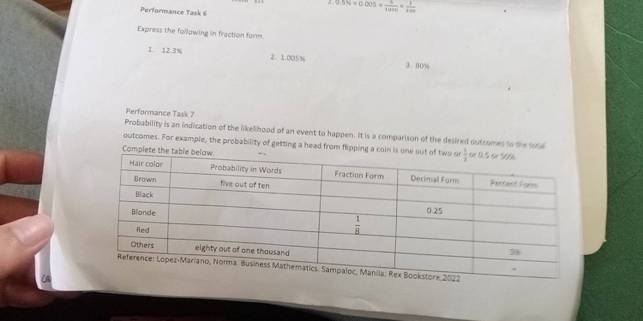 0.5% =0.005= 5/1000 = 1/200 
Performance Task 6
Express the following in fraction form.
1. 12.3% 2.1.005%
3.80%
Performance Task 7
Probability is an indication of the likelihood of an event to happen. It is a comparison of the desired outcomes to the to
outcomes. For example, the probability of getting a head from flipping a coin
Complete
CB