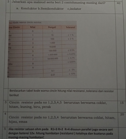 Jabarkan apa maksud serta beri 2 contohmasing-masing dari? 40
a. Konduktor b.Semikonduktor c,isolator
Berdasarkan tabel kode warna cincin hitung nilai resistansi ,toleransi dari resistor
berikut
3| Cincin resistor pada no 1,2,3,4,5 berurutan berwarna coklat, 15
hitam, kuning, biru, perak
4
20
Cincin resistor pada no 1,2,3,4 berurutan berwarna coklat, hitam,
hijau, emas
5 Jika resistor satuan ohm pada R1=3R=2 R=4 disusun parallel juga secara seri
dengan baterei 12v. hitung hambatan (resistansi ) totalnya dan kuatarus pada
masing-masing hambatan!