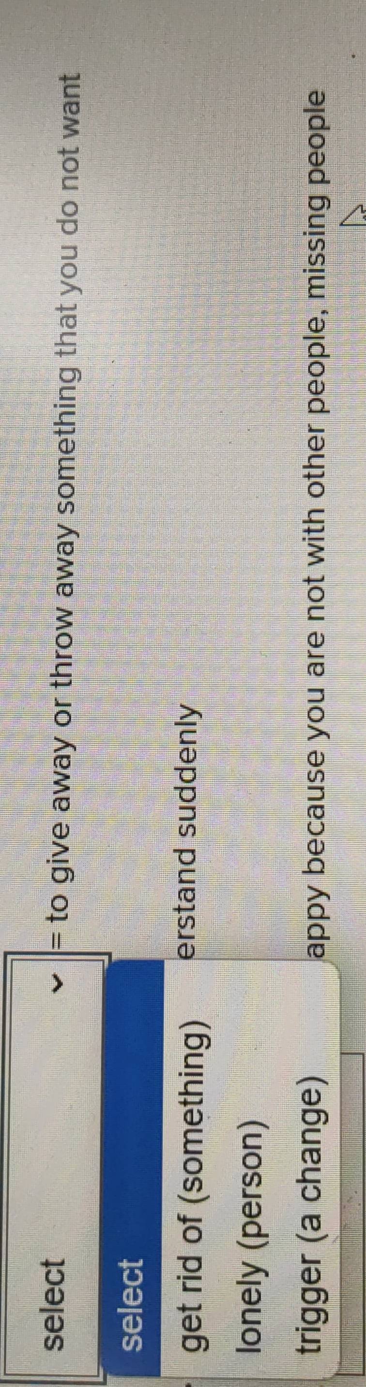 select = to give away or throw away something that you do not want
select
get rid of (something) erstand suddenly
lonely (person)
trigger (a change) appy because you are not with other people, missing people