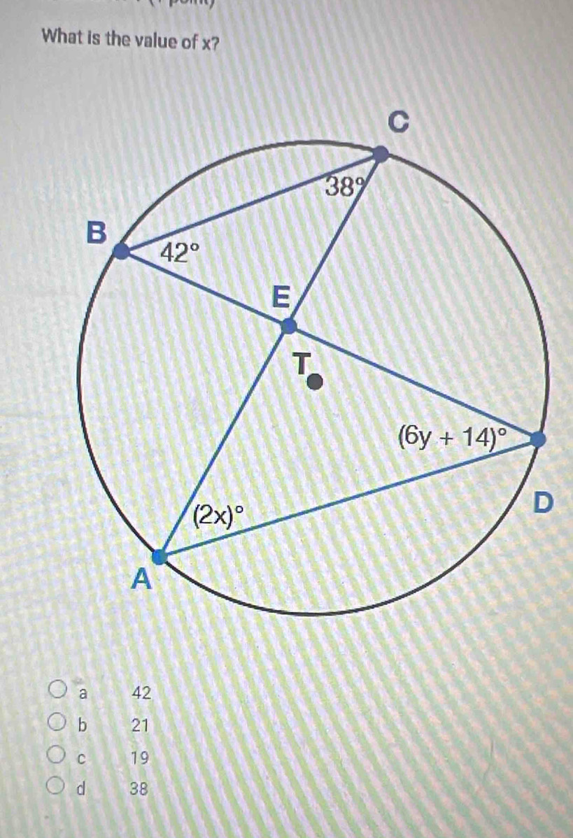 What is the value of x?
D
a 42
b 21
C 19
d 38