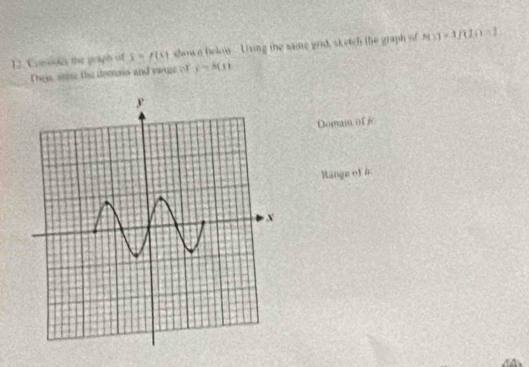 Conodes the graph of x=f(x) showa fielus Uising the same grid, sketch the graph of h(1)* 1/12(1)-1
Then, stise the domao and range of )=5(x)
Domain of l 
Range of 6