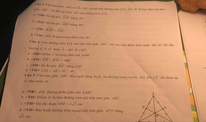 Cho tam giác ABC có hat B=50° và nội tiếp đường tròn (O). Gọi H là trực tâm của tam
giác ABC , Vẽ đường kính AD của đường tròn (O).
a. S6 đo góc widehat AOC bàng 50°
b. ∠ TH>Sbdc * góc widehat ABD bằng 90°
c. ∠ TH>widehat BAH=widehat OAC
d. HD đi qua trung điểm của BC
Câu 4. Cho đường tròn (7) nội tiếp tam giác ABC với các tiếp điểm trên cạnh AB, AC, BClần
lượt là E, F, D. Biết widehat A=40°; widehat B=60°. 
a. D Điểm / là trọng tâm của △ ABC
b. ∠ TH>widehat EIF+widehat BAC=180°
c. ∠ TH>Sdelta do góc widehat BIC bàng 110°
d. 2AE=AB+AC-BC
Câu 5. Cho tam giác ABC đều cạnh bằng 6cm, ba đường trung tuyến AM, BN, CP cất nhau tại
) như hình vẽ.
a. AM đường phân giác của △ ABC. 
b. Điểm O là tâm đường tròn nội tiếp tam giác ABC.
c. Độ dài đoạn OM=2sqrt(3)cm. 
d. Bán kính đường tròn ngoại tiếp tam giác APO bằng
sqrt(3)cm