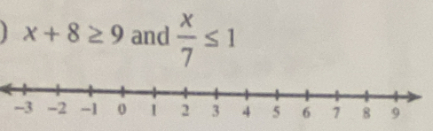 x+8≥ 9 and  x/7 ≤ 1