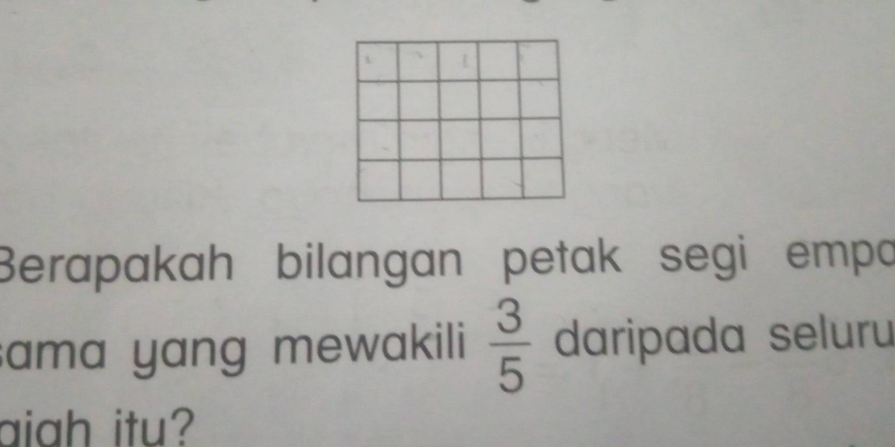 Berapakah bilangan petak segi empa 
ama yang mewakili  3/5  daripada seluru 
aiah itu?