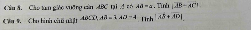 Cho tam giác vuông cân ABC tại A có AB=a. Tính |vector AB+vector AC|. 
Câu 9. Cho hình chữ nhật AB CD , AB=3, AD=4. Tính |vector AB+vector AD|.