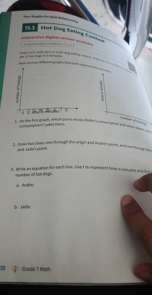 Two Graphs for Each Relationship
13.3 Hot Dog Eating Contest 
Interctive digital ersion available 
a.openup.org/ms-math/s/cc-7-2-13-3 
ate 12 hot dogs in 5 minutes. 
Andre and Jada were in a hot dog eating contest. Andre ate 10 not neg in t m 
Here are two different graphs that both resent this situation 
ξ 
number of hotdogs 
consumption? Label them. 
1. On the first graph, which point shows Andre's consumption and which shows Jada 
2. Draw two lines: one through the origin and Andre's point, and one through the 
and Jada's point. 
3. Write an equation for each line. Use 1 to represent time in minutes and h to 
number of hot dogs. 
a. Andre: 
b. Jada: 
10 Grade 7 Math