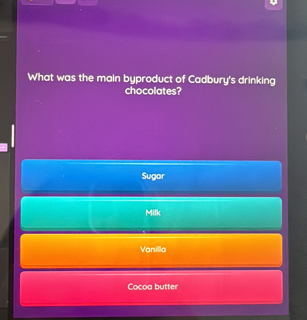 What was the main byproduct of Cadbury's drinking
chocolates?
Sugar
Milk
Vanilla
Cocoa butter