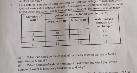 another and why?
5.   Four different samples of water collected from different Villages of Kisarawe Distrie
Council were tested with soap solution. The experiments were done using untreated,
gh ion exchanger. The results were as follow: -
(i) What ions could be the causes of hardness in water sample obtained
from Village A and B?
(ii) Which sample of water is permanent hard water and why? (iii) Which
sample of water is temporary hard water and why?
carbon If 3 15