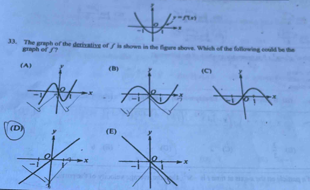 y=f(x)
33. The graph of the derivative of ∫ is shown in the figure above. Which of the following could be the
graph of∫?
(B
(
(D)
(E)