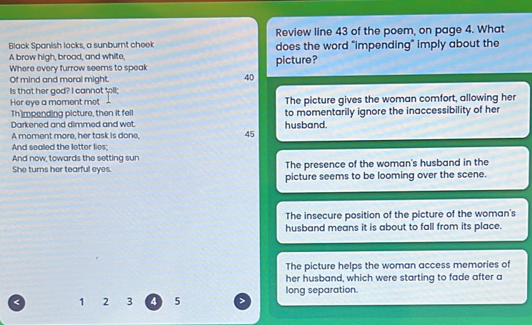 Solved: Review line 43 of the poem, on page 4. What Black Spanish locks ...