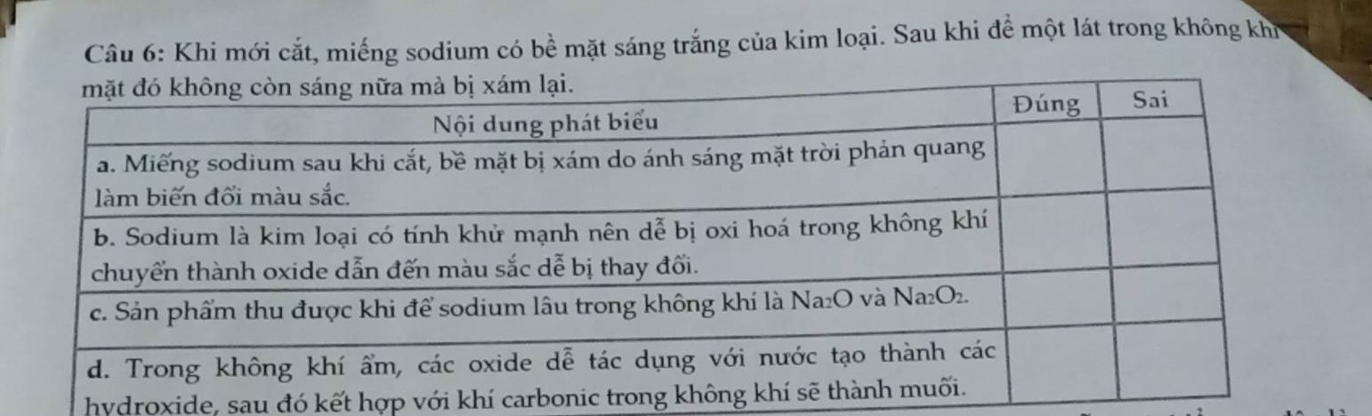 Khi mới cắt, miếng sodium có bề mặt sáng trắng của kim loại. Sau khi để một lát trong không khi 
hydroxide, sau đó kết hợp với khí carbonic