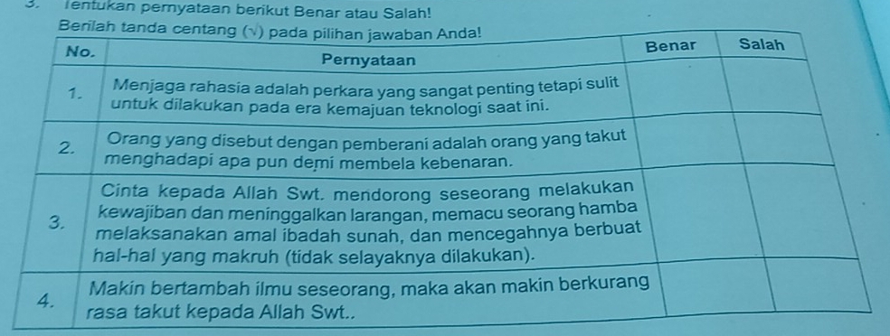 Tentukan pernyataan berikut Benar atau Salah!