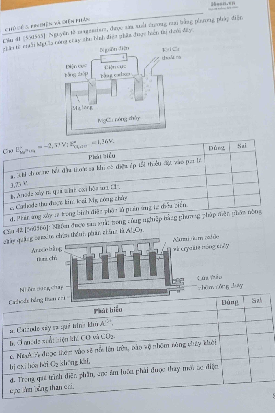 Moon.vn
ế khng d 
chủ đề 5. pin diện và điện phần
Câu 41 [560565]; Nguyên tố magnesium, được sản xuất thương mại bằng phương pháp điện
phân từ muổi MgCl₂ảy như bình điện phân được hiển thị dưới đây:
Cho E_Mg^(2+)/Mg^circ =-2,37V;E_Cl_2/2Cl^-^circ =1,36V. Đúng Sai
Phát biểu
a. Khi chlorine bắt đầu thoát ra khi có điện áp tối thiểu đặt vào pin là
3,73 V
b. Anode xảy ra quá trình oxi hóa ion Clă.
c. Cathode thu được kim loại Mg nóng chảy.
d. Phản ứng xảy ra trong bình điện phân là phản ứng tự diễn biến.
Câu 42 [560566]: Nhôm được sản xuất trong công nghiệp bằng phương pháp điện phân nóng
chảy quặng bauxite chứa thành phần chính là Al_2O_3.
Anode bằng Aluminium oxide
và cryolite nóng chảy
than chì
=
Nhôm nóng chảy Cửa tháo
nhôm nóng chảy