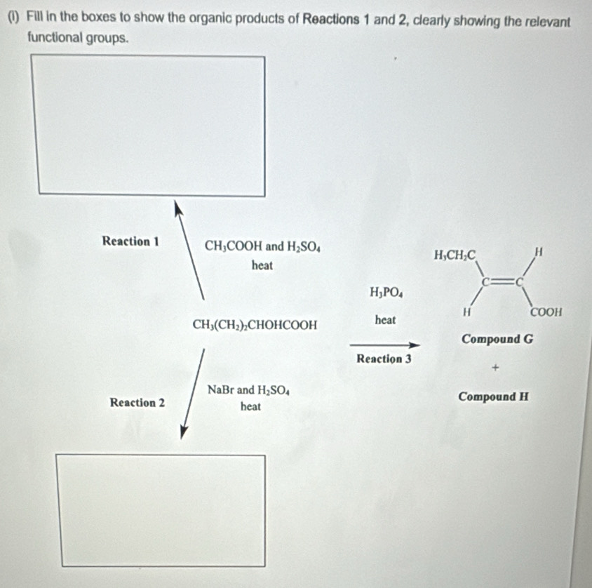 Fill in the boxes to show the organic products of Reactions 1 and 2, clearly showing the relevant 
functional groups. 
Reaction 1 CH_3COOH and H_2SO_4
H_3CH_2C H 
heat
c=c
H_3PO_4
CH_3(CH_2) _2CHOHCOOH heat H COOH 
Compound G
Reaction 3
+ 
Reaction 2 ∈t NaBr and H_2SO_4
Compound H 
heat