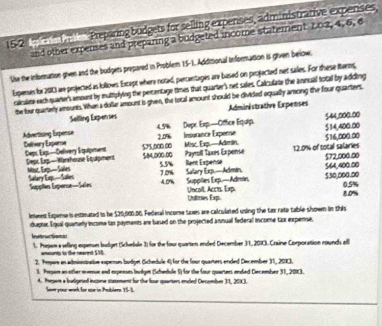 5-2       '' reparing budgets for selling expenses, administrative expenses
and other expenses and preparing a budgeted income statement 202, 4, 6, e
Use the infornation given and the budgets prepared in Problem 15-1. Additional information is given below,
Experses for 200 are projected as follows. Except where noted, percertages are based on projected net sailes. For these terms,
clculee each quarter's amount by muttiplying the percentage times that quarter's net sales. Calculate the annual iotal by adding
the four quarterly amounts. When a dollar amount is given, the total amount should be divided equally among the four quarters.
Selling Expen ses Administrative Expenses
4.5% Depr. Exp.---Office Equip. $44,000.00
Advertising Expense 2.0% Insurance Expenne $14,400.00
Deivery Expere
Deps. Exp—Delivery Squipment $75,000.00 Misc. Exp.-Admin, $16,000.00
Depr. Exp.—Warehouse Equipment $84,000.00 Payroll Taxes Expense 12.0% of total salaries
Misc, Exp.— Sales 5.5% Rent Expense $72,000.00
Salary Exp.—-Sales 7.0% Salary Exp.---Acmin. 564,400.00
Suppões Expense—Sales 4.0% Supplies Exp.—Admin, 530,000.00
Uacoll, Acces, Exp. 8.0% 0.5%
Uultmes Exp.
imerest Expense is estimated to be $20,000.00. Federal income taxes are calculated using the tax rate table shown in this
diapter. Equal quarterly income tax payments are based on the projected annual federal income tax expense.
Instructions
1. Prepam a selling expenses budget (Schedule 3) for the four quarters ended December 31, 2073. Craine Corporation rounds all
anouns to the rearest $10.
2. Prepare an administrative expenses budget Cichedule 4) for the four quarters encled December 31, 2013.
3. Prepam an other rvenue and expenses budget (Schedule 5) for the four quarters ended December 31, 2013.
4. Prepar a budgeted income statement for the four quarters ended December 31, 2013.
Seve your work for use in Problern 15-3.