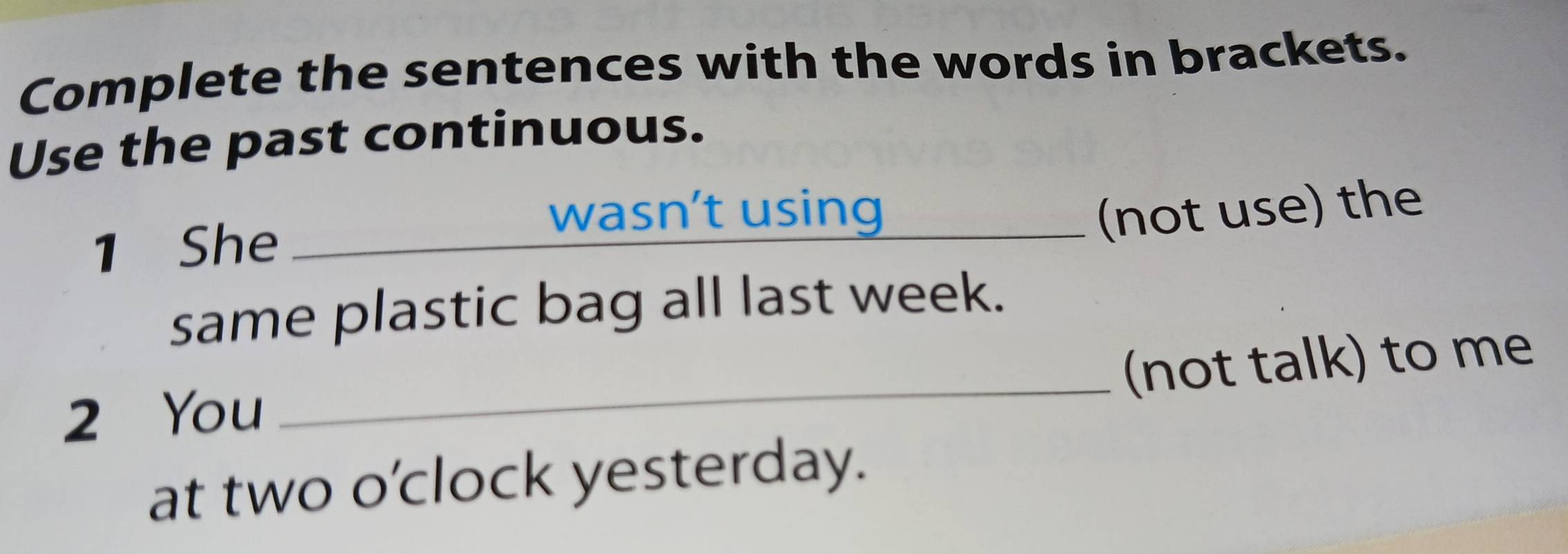 Complete the sentences with the words in brackets. 
Use the past continuous. 
wasn’t using _(not use) the 
1 She_ 
same plastic bag all last week. 
(not talk) to me 
2 You 
_ 
at two o'clock yesterday.