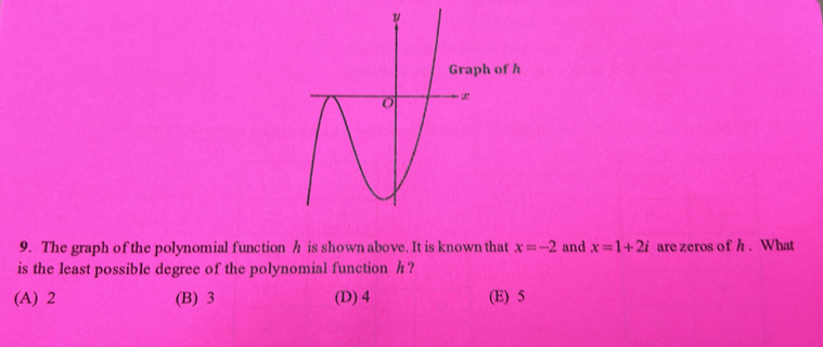 h
9. The graph of the polynomial function h is shown above. It is known that x=-2 and x=1+2i are zeros of h. What
is the least possible degree of the polynomial function h?
(A) 2 (B) 3 (D) 4 (E) 5