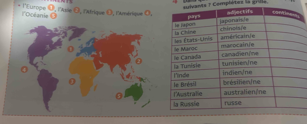 Bans
vants ? Compiétez la grille.
l'Europe 1, l'Asie 2, l'Afrique ❸, l'Amérique 4,
l'Océanie S