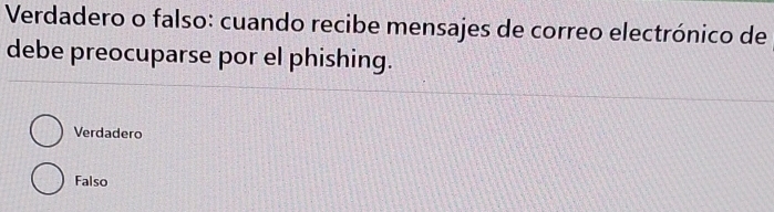 Verdadero o falso: cuando recibe mensajes de correo electrónico de
debe preocuparse por el phishing.
Verdadero
Falso