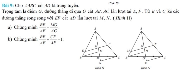 Cho △ ABC có AD là trung tuyến. 
Hình 10 
Trọng tâm là điểm G, đường thắng đi qua G cắt AB, AC lần lượt tại E, F. Từ B và C kẻ các 
đường thắng song song với EF cắt AD lần lượt tại M, N. ( Hình 11) 
a) Chứng minh  BE/AE = MG/AG . 
b) Chứng minh  BE/AE + CF/AF =1. 
Hình 11 Hình 12