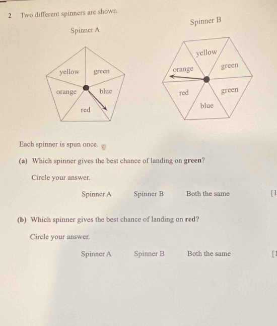 Two different spinners are shown
Spinner A Spinner B
yellow
orange green
red green
blue
Each spinner is spun once.
(a) Which spinner gives the best chance of landing on green?
Circle your answer.
Spinner A Spinner B Both the same [1
(b) Which spinner gives the best chance of landing on red?
Circle your answer.
Spinner A Spinner B Both the same [