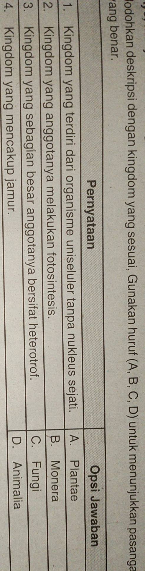Jodohkan deskripsi dengan kingdom yang sesuai, Gunakan huruf (A, B, C, D) untuk menunjukkan pasanga 
a benar. 
1 
2 
3 
4