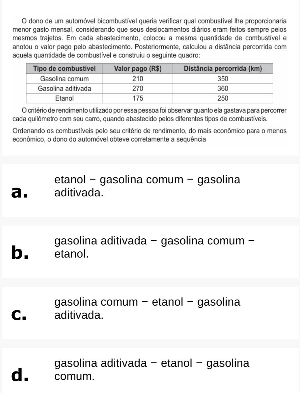 dono de um automóvel bicombustível queria verificar qual combustível lhe proporcionaria
menor gasto mensal, considerando que seus deslocamentos diários eram feitos sempre pelos
mesmos trajetos. Em cada abastecimento, colocou a mesma quantidade de combustível e
anotou o valor pago pelo abastecimento. Posteriormente, calculou a distância percorrida com
aquela quantidade de combustível e construiu o seguinte quadro:
O critério de rendimento utilizado por essa pessoa foi observar quanto ela gastava para percorrer
cada quilômetro com seu carro, quando abastecido pelos diferentes tipos de combustíveis.
Ordenando os combustíveis pelo seu critério de rendimento, do mais econômico para o menos
econômico, o dono do automóvel obteve corretamente a sequência
etanol - gasolina comum - gasolina
a. aditivada.
gasolina aditivada - gasolina comum -
b. _ etanol.
gasolina comum - etanol - gasolina
C. aditivada.
gasolina aditivada - etanol - gasolina
d. comum.