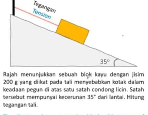 Tegangan
200 g yang diikat pada tali menyebabkan kotak dalam
keadaan pegun di atas satu satah condong licin. Satah
tersebut mempunyai kecerunan 35° dari lantai. Hitung
tegangan tali.