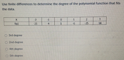 Use finite differences to determine the degree of the polynomial function that fits
the data.
3rd degree
2nd degree
4th degree
5th degree