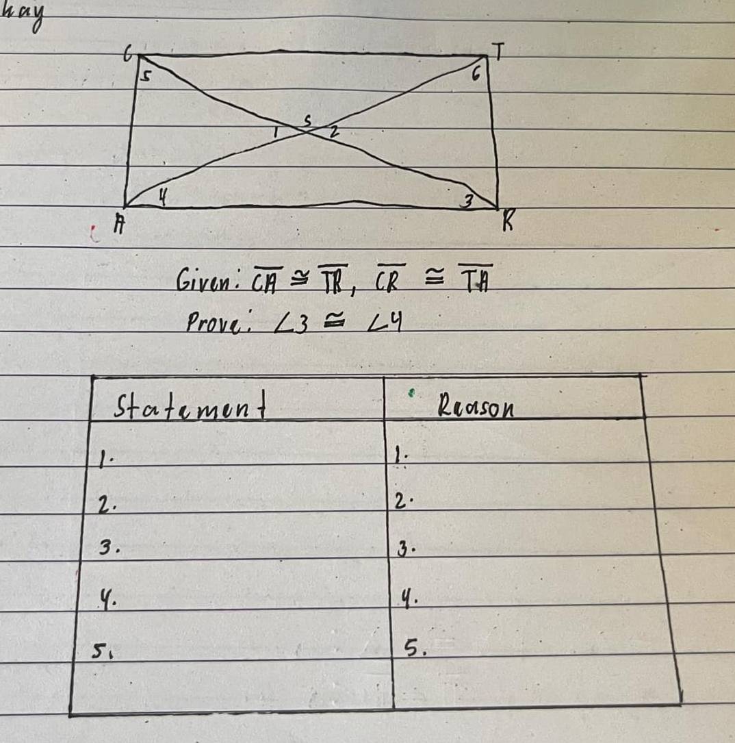 hay 
Given: overline CA≌ overline TR, overline CR≌ overline TA
Prove: ∠ 3≌ ∠ 4