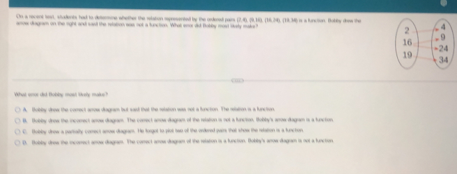 On a recent test, students, had to determine whether the relation represented by the ordered pairs (2,4),(9,16),(16,24),(19,34)
arrow diagram on the right and said the relation was not a function. What enor did Bobby most likely make is a lunction. Bobby deew the
What error did frobby most likely make?
A. Bobby drew the correct arrow diagram but said that the relation was not a function. The relation is a function.
B. Bobby drew the incorrect arrow diagram. The correct arrow diagram of the relation is not a function. Bobby's arrow diagram is a function.
C. Bobby drew a partialty correct arrow diagram. He forgot to plot two of the ordered pairs that show the relation is a function,
D. Bobby drew the incorrect arrow diagram. The correct arrow diagram of the relation is a function. Bobby's arrow diagram is not a function