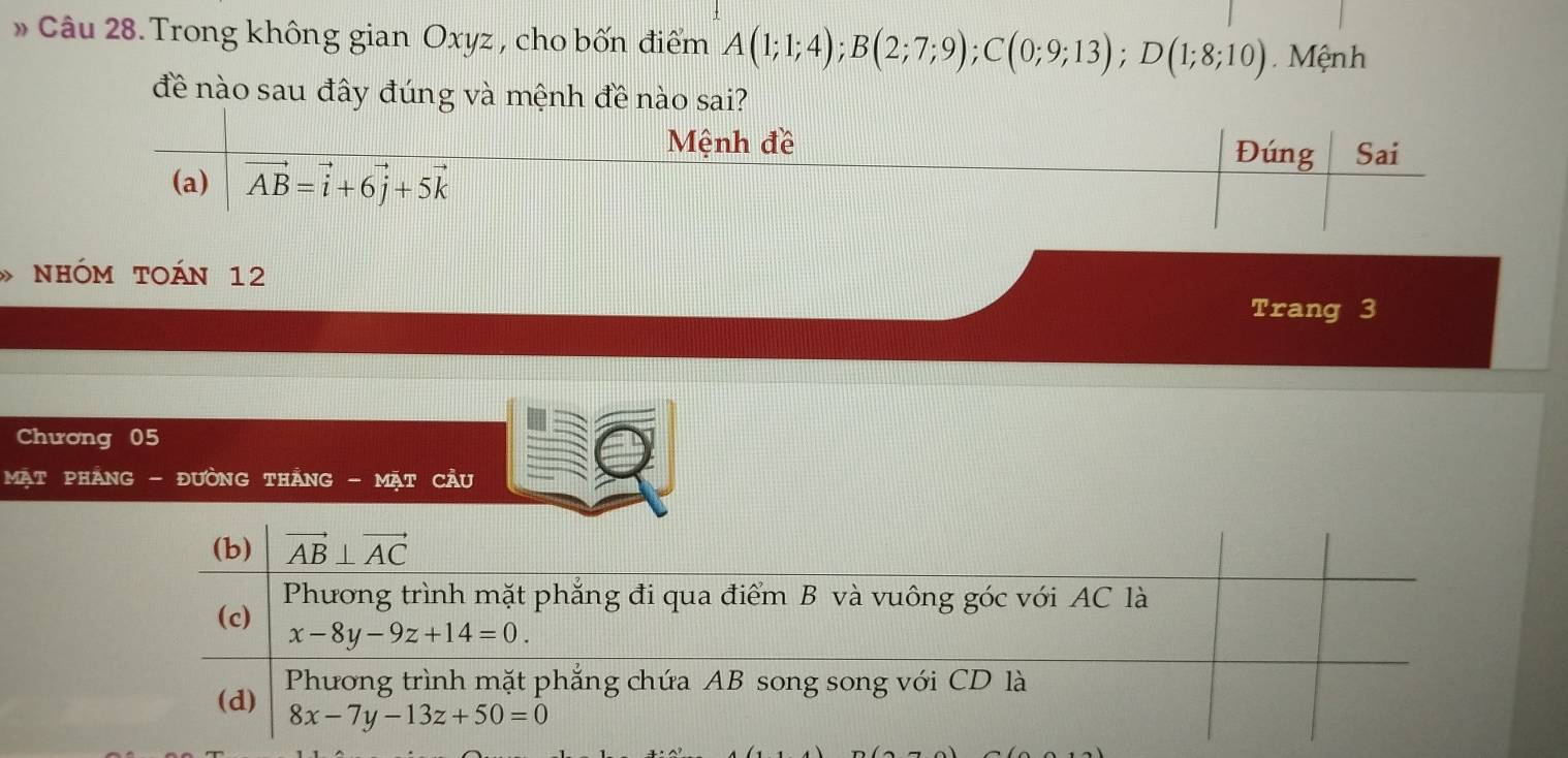 » Câu 28. Trong không gian Oxyz , cho bốn điểm A(1;1;4);B(2;7;9);C(0;9;13);D(1;8;10) Mệnh
đề nào sau đây đúng và mệnh đề nào sai?
» nhóm toán 12
Trang 3
Chương 05
Mạt pHANG - đưỜNG tHắNG - Mặt cầu