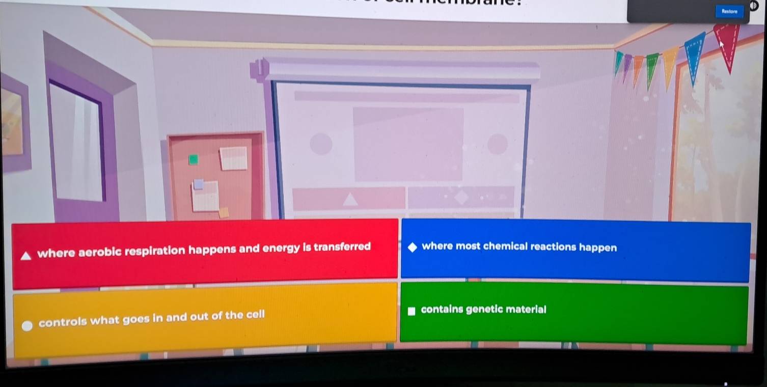 Restore
where aerobic respiration happens and energy is transferred where most chemical reactions happen
controls what goes in and out of the cell
contains genetic material