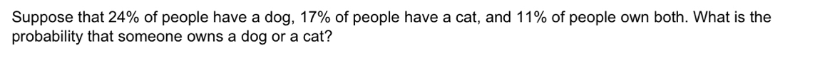 Suppose that 24% of people have a dog, 17% of people have a cat, and 11% of people own both. What is the 
probability that someone owns a dog or a cat?