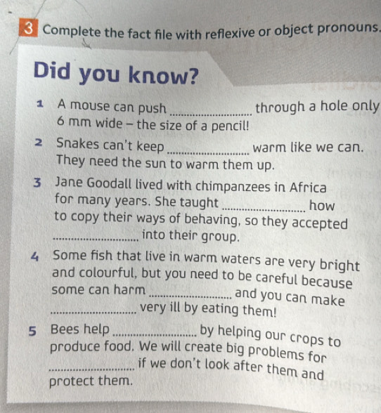 Complete the fact file with reflexive or object pronouns. 
Did you know? 
1 A mouse can push _through a hole only
6 mm wide - the size of a pencil! 
2 Snakes can't keep _warm like we can. 
They need the sun to warm them up. 
3 Jane Goodall lived with chimpanzees in Africa 
for many years. She taught _how 
to copy their ways of behaving, so they accepted 
_into their group. 
4 Some fish that live in warm waters are very bright 
and colourful, but you need to be careful because 
some can harm 
_and you can make 
_very ill by eating them! 
5 Bees help_ 
by helping our crops to 
produce food. We will create big problems for 
_if we don’t look after them and 
protect them.