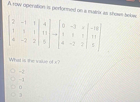 A row operation is performed on a matrix ashown below.
What is the value of x?
-2
-1
0
3