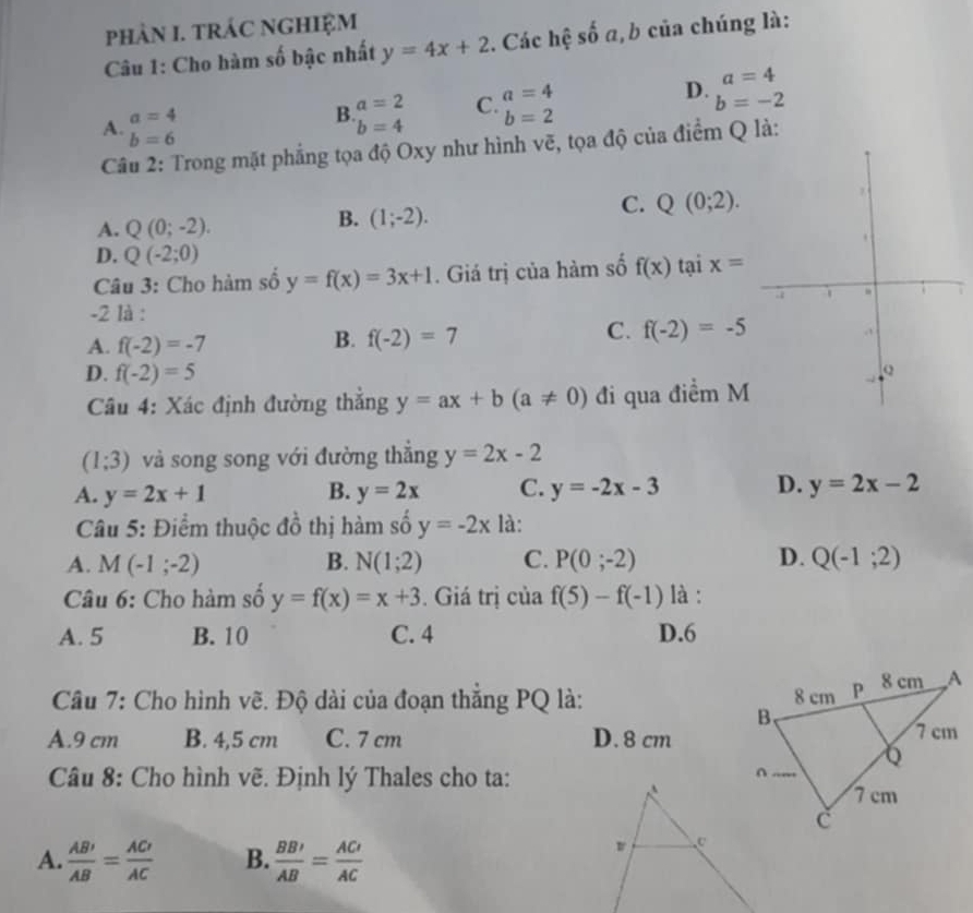 pHÀN I. TRÁC NGHIệM
Câu 1: Cho hàm số bậc nhất y=4x+2. Các hệ số a,b của chúng là:
a=4
A. a=4
B. a=2
C. a=4
D. b=-2
b=4 b=2
b=6
Câu 2: Trong mặt phẳng tọa độ Oxy như hình vẽ, tọa độ của điểm Q là:
A. Q(0;-2).
B. (1;-2).
C. Q(0;2).
D. Q(-2;0)
Câu 3: Cho hàm số y=f(x)=3x+1. Giá trị của hàm số f(x) tại x=
-2 là :
A. f(-2)=-7
B. f(-2)=7
C. f(-2)=-5
D. f(-2)=5
Câu 4: Xác định đường thắng y=ax+b(a!= 0) đi qua điểm M
(1;3) và song song với đường thắng y=2x-2
A. y=2x+1 B. y=2x C. y=-2x-3 D. y=2x-2
Câu 5: Điểm thuộc đồ thị hàm số y=-2x là:
A. M(-1;-2) B. N(1;2) C. P(0;-2) D. Q(-1;2)
Câu 6: Cho hàm số y=f(x)=x+3. Giá trị của f(5)-f(-1) là :
A. 5 B. 10 C. 4 D.6
Câu 7: Cho hình vẽ. Độ dài của đoạn thắng PQ là:
A.9 cm B. 4,5 cm C. 7 cm D. 8 cm
Câu 8: Cho hình vẽ. Định lý Thales cho ta:
A.  AB'/AB = AC'/AC  B.  BB'/AB = AC'/AC 