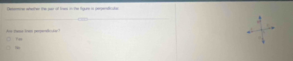 Determine whether the pair of lines in the figure is perpendicular.
c
Are these lines perpendicular?
Yes
n,
No