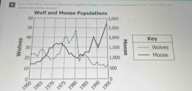 On a small island, scientists observed and graphed changes in wolf and moose populations. From 1965 to 1970, which 
Key 
__Wolves 
Moose
19751980 B 
1985 1990 
1965 
1970
1960