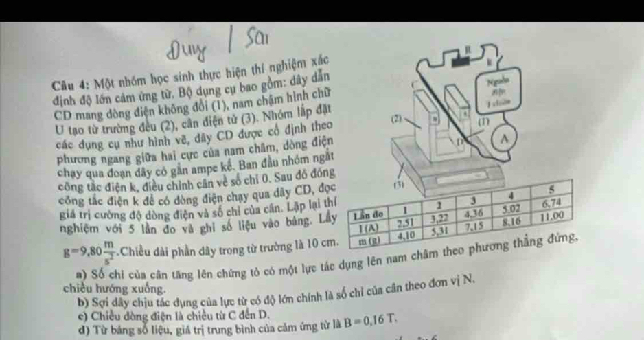 Một nhóm học sinh thực hiện thí nghiệm xác R
định độ lớn cảm ứng từ, Bộ dụng cụ bao gồm: dây dẫn
CD mang dòng điện không đổi (1), nam chậm hình chữ Nguễn
(2)
U tạo từ trường đều (2), cần điện tử (3). Nhóm lập đặt
các dụng cụ như hình vẽ, dây CD được cổ định theo (1)
phương ngang giữa hai cực của nam châm, dòng điện
D A
chạy qua đoạn dây có gần ampe kê. Ban đầu nhóm ngắt
công tắc điện k, điều chỉnh cần về số chỉ 0. Sau đó đóng
công tắc điện k để có dòng điện chạy qua dãy CD, đ
giá trị cường độ đòng điện và số chỉ của cần. Lập lại 
nghiệm với 5 lần đo và ghỉ số liệu vào bảng. L
g=9,80 m/s^2  - Chiều dài phần dây trong từ trường là 10 
#) Số chỉ của cân tăng lên chứng tỏ có một lực tác dụng lên nam ch
chiều hướng xuống.
b) Sợi dây chịu tác dụng của lực từ có độ lớn chính là số chỉ của cân theo đơn viN _
c) Chiều dòng điện là chiều từ C đến D.
đ) Từ bảng số liệu, giá trị trung bình của cảm ứng từ là B=0,16T.