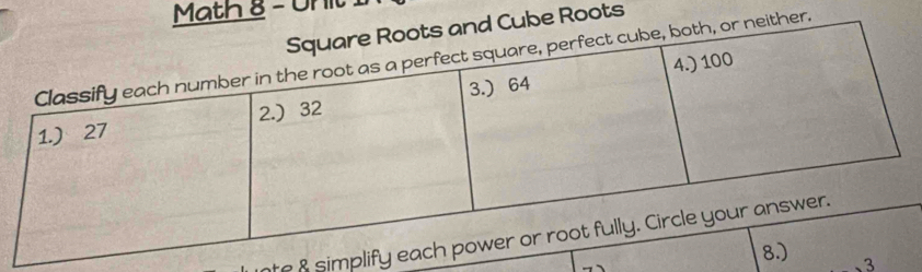 Math 8 - Unit 
Roots 
r. 
8 simpli 
3