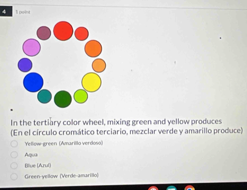 4 1 point
In the tertiary color wheel, mixing green and yellow produces
(En el círculo cromático terciario, mezclar verde y amarillo produce)
Yellow-green (Amarillo verdoso)
Aqua
Blue (Azul)
Green-yellow (Verde-amarillo)