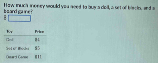 How much money would you need to buy a doll, a set of blocks, and a 
board game? 
$