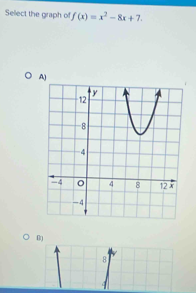 Select the graph of f(x)=x^2-8x+7. 
B)
y
8
4