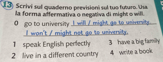 Scrivi sul quaderno previsioni sul tuo futuro. Usa
la forma affermativa o negativa di might o will.
0 go to university _I will / might go to university.
I won't / might not go to university.
1 speak English perfectly 3 have a big family
2 live in a different country 4 write a book