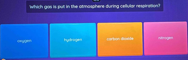 Which gas is put in the atmosphere during cellular respiration?
oxygen hydrogen carbon dioxide nitrogen