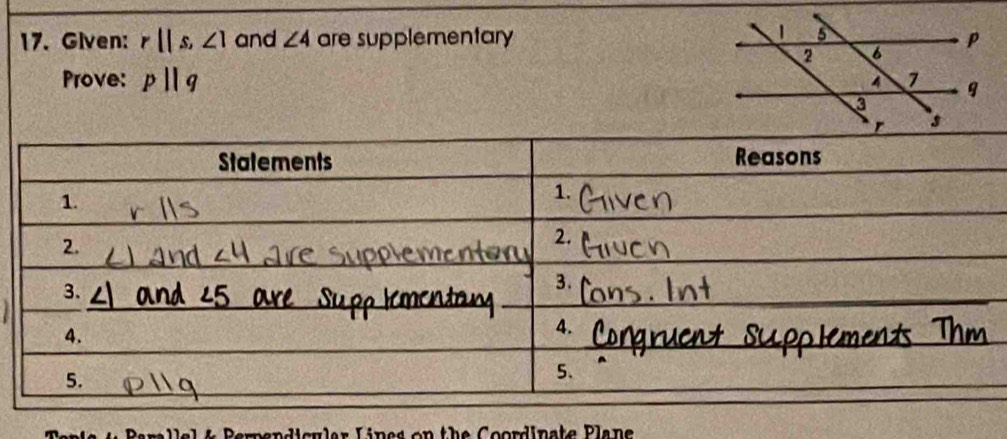 Given: r||s, ∠ 1 and ∠ 4 are supplementary 
Prove: pparallel q
4 Perpendicular Lines on the Coordinate Plane