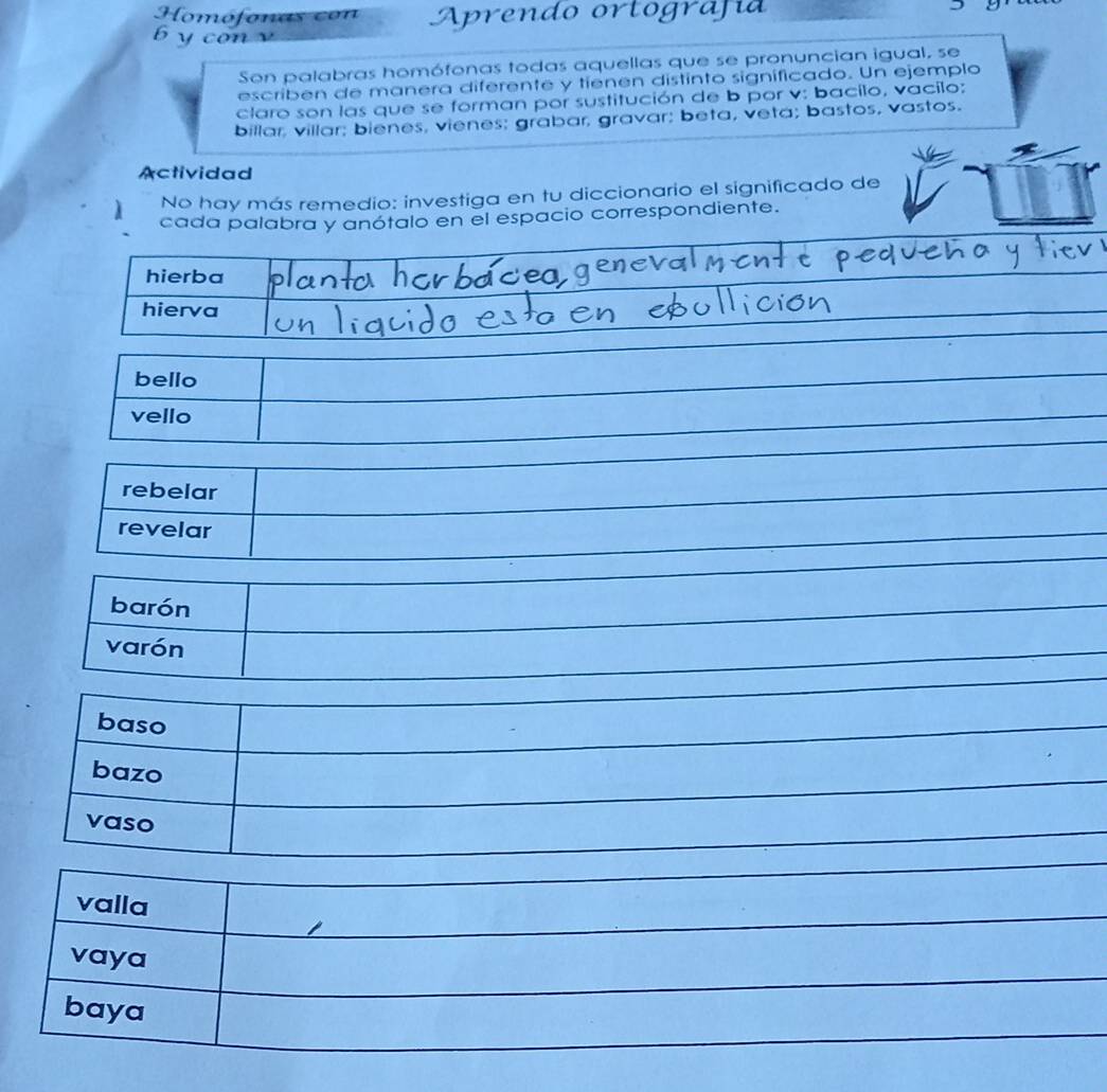 Homófonas con Aprendo ortograf ía 
b y con √ 
Son palabras homófonas todas aquellas que se pronuncian igual, se 
escriben de manera diferente y tienen distinto significado. Un ejemplo 
claro son las que se forman por sustitución de b por v: bacilo, vacilo; 
billar, villar; bienes, vienes; grabar, gravar; beta, veta; bastos, vastos. 
Actividad 
No hay más remedio: investiga en tu diccionario el significado de 
cada palabra y anótalo en el espacio correspondiente. 
hierba 
hierva 
bello 
vello 
rebelar 
revelar 
barón 
varón 
baso 
bazo 
vaso 
valla 
vaya 
baya