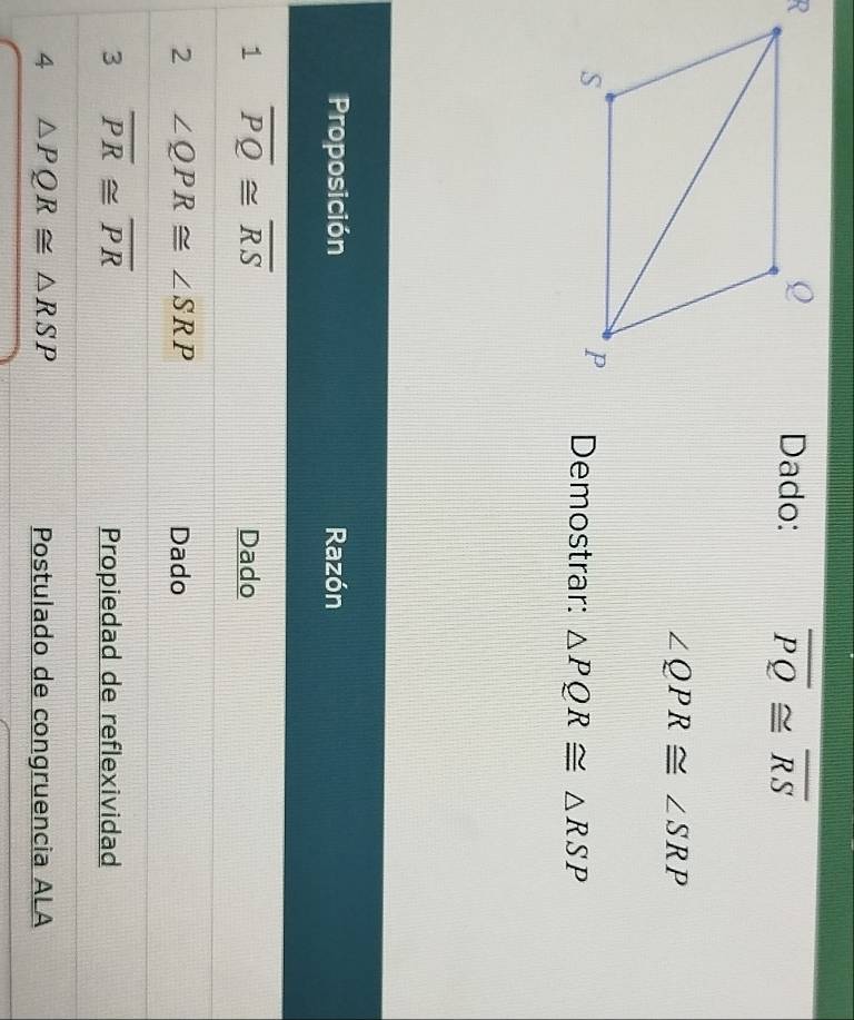 Dado: overline PQ≌ overline RS
∠ QPR≌ ∠ SRP
Demostrar: △ PQR≌ △ RSP
Proposición Razón 
1 overline PQ≌ overline RS
Dado 
2 ∠ QPR≌ ∠ SRP Dado 
3 overline PR≌ overline PR
Propiedad de reflexividad 
4 △ PQR≌ △ RSP Postulado de congruencia ALA